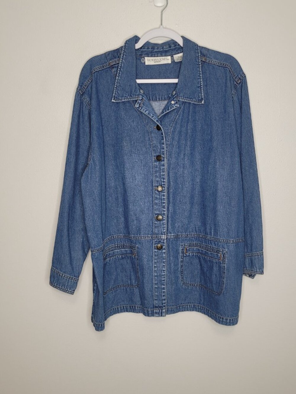 Victoria Jones blue denim button front chore pocket shacket jacket size 2x